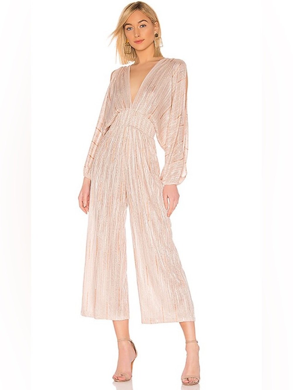 Misa Los Angeles Metallic Blush Pleated V-Neck Jumpsuit